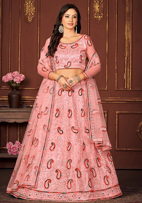 Peach Embroidered Net Lehenga Set