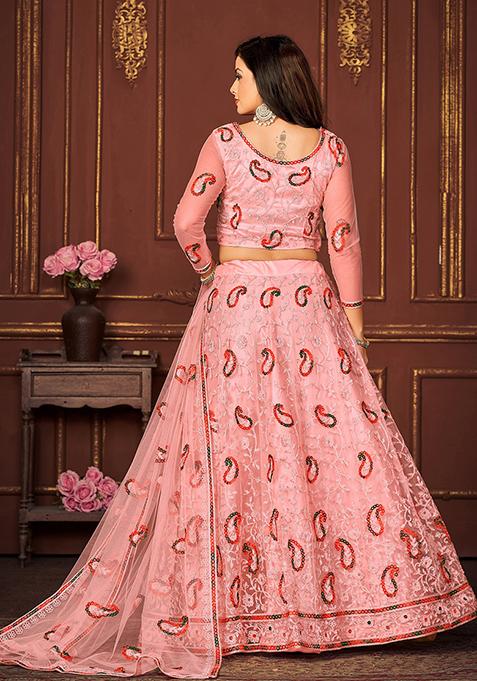 Peach Embroidered Net Lehenga Set