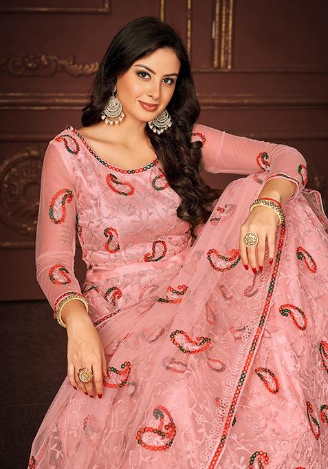 Peach Embroidered Net Lehenga Set