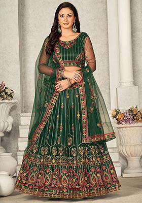 Green Embroidered Net Lehenga Set