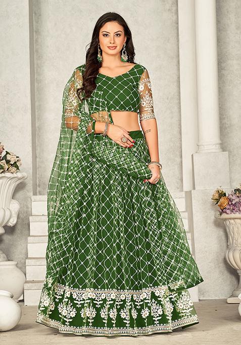 Green Embroidered Net Lehenga Set