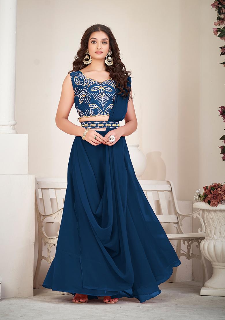Blue Embroidered Art Silk Lehenga Set - Indya