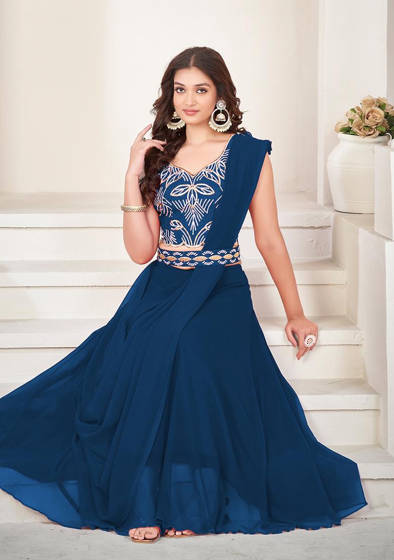 Blue Embroidered Art Silk Lehenga Set - Indya