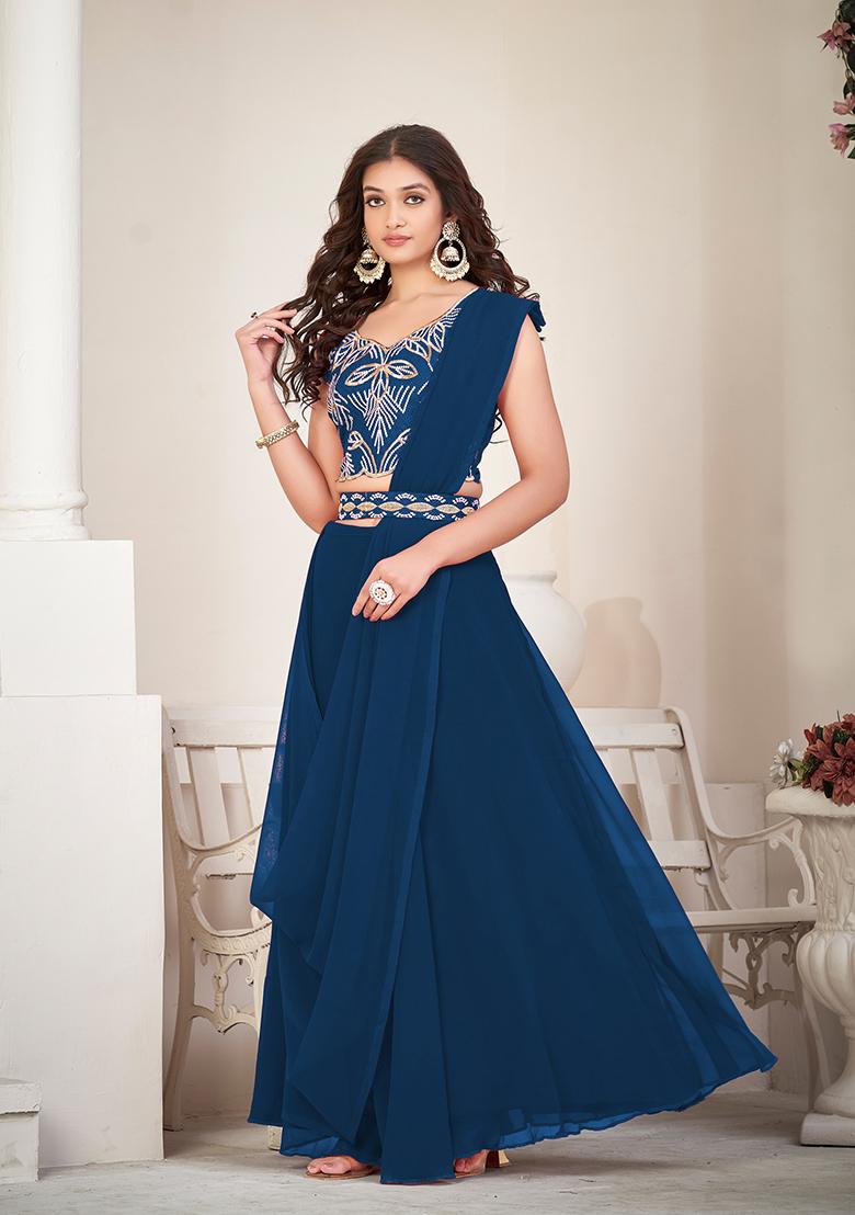 Blue Embroidered Art Silk Lehenga Set - Indya