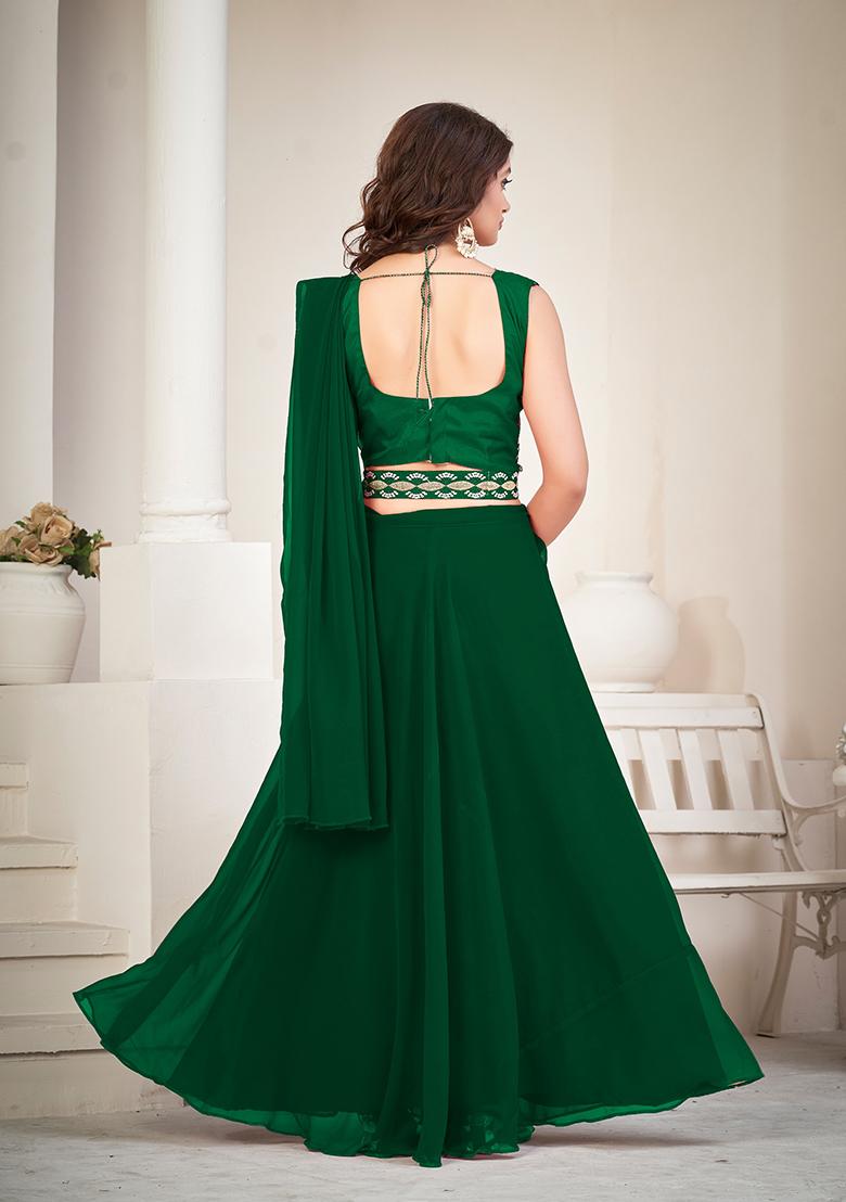 Green Embroidered Art Silk Lehenga Set - Indya