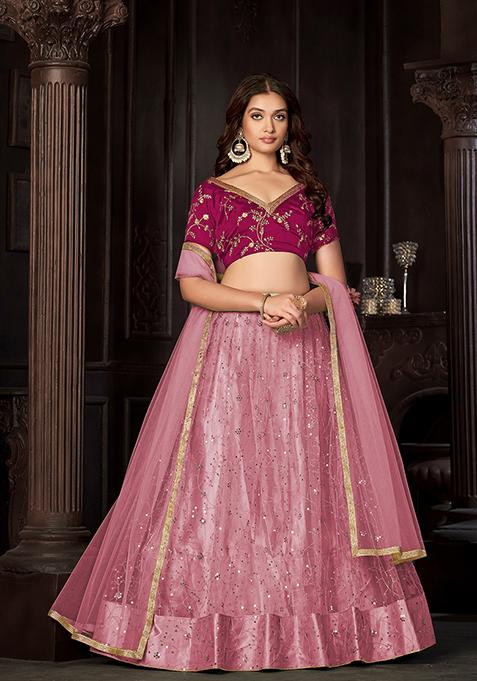 Pink Embroidered Art Silk Lehenga Set