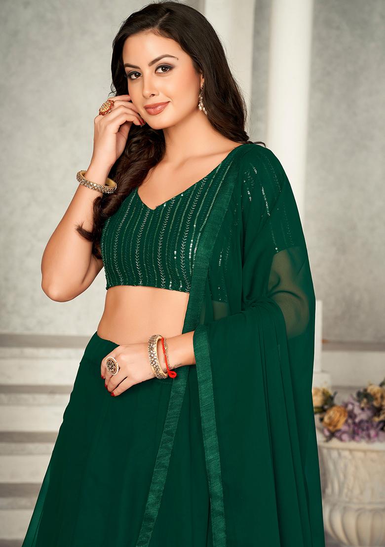 Green Printed Georgette Lehenga Set - Indya