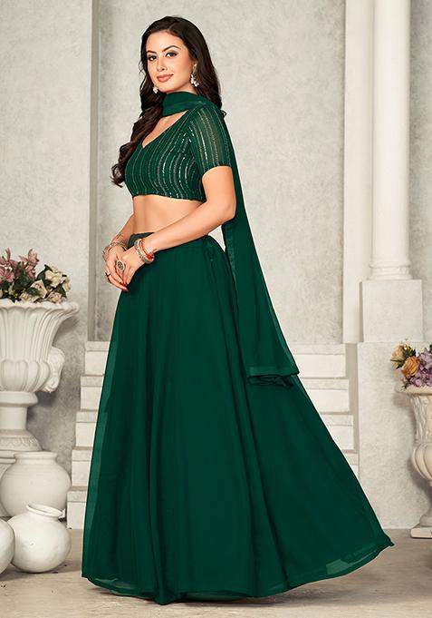 Green Printed Georgette Lehenga Set