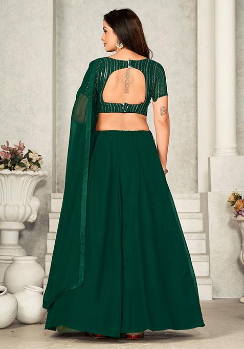 Green Printed Georgette Lehenga Set