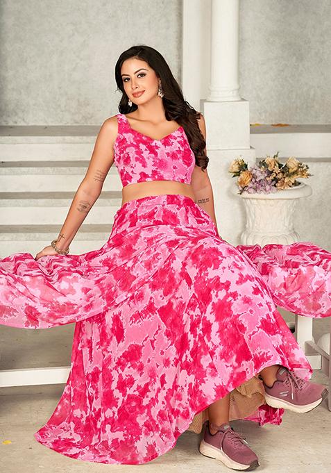 Pink Printed Georgette Lehenga Set