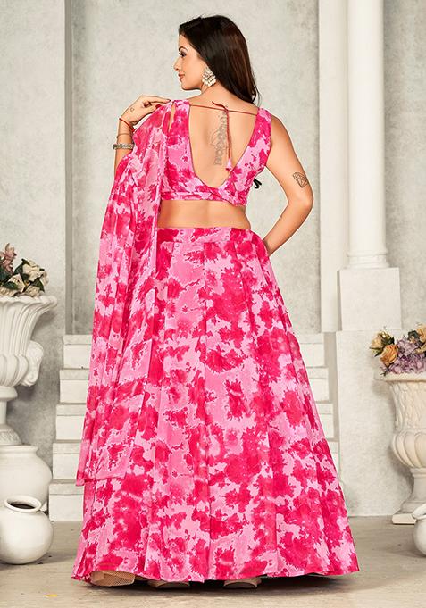 Pink Printed Georgette Lehenga Set