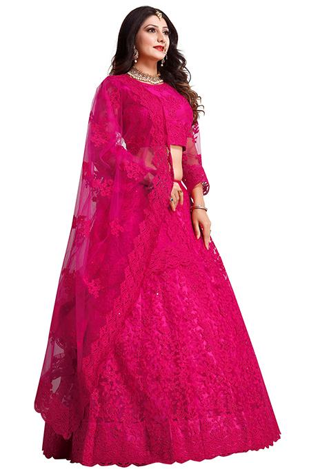 Pink Embroidered Net Lehenga Set