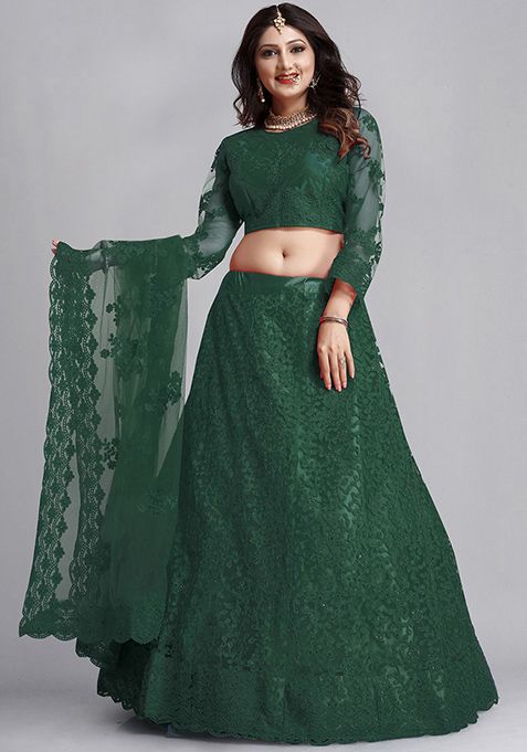 Green Embroidered Net Lehenga Set