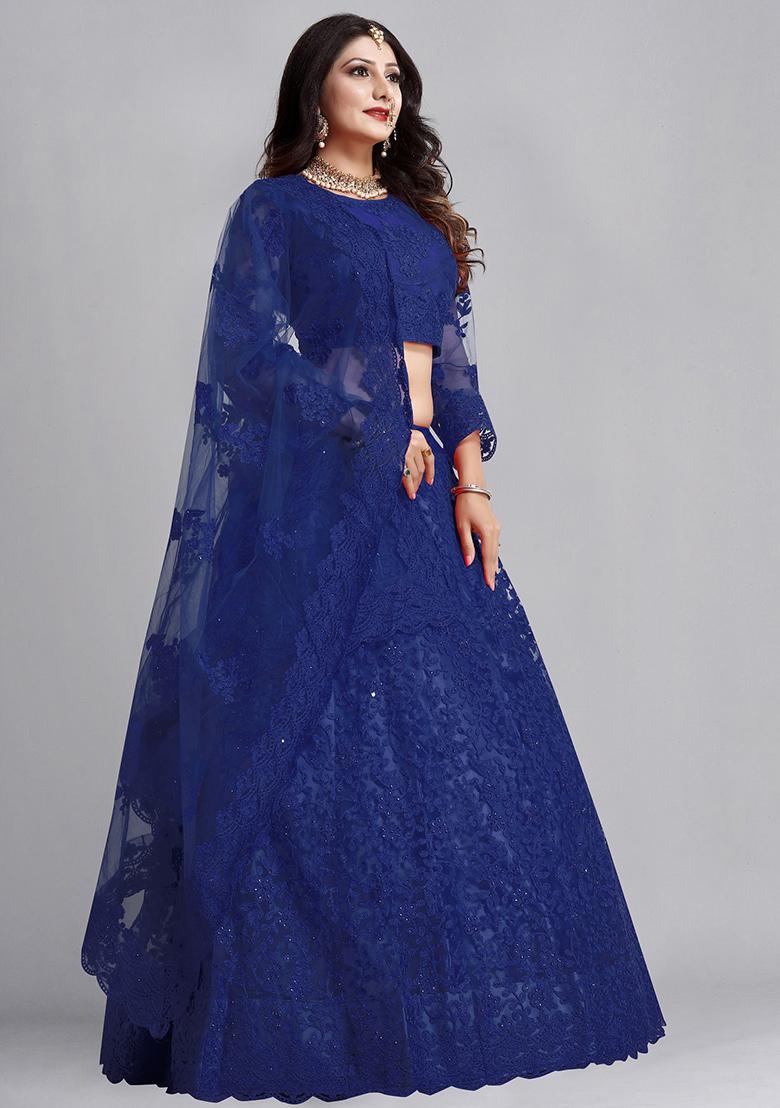 Blue Embroidered Net Lehenga Set - Indya
