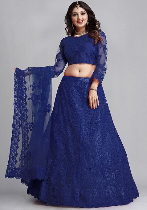 Blue Embroidered Net Lehenga Set