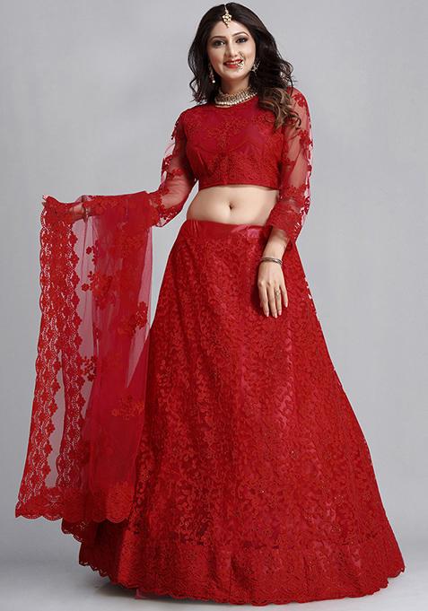 Red Embroidered Net Lehenga Set