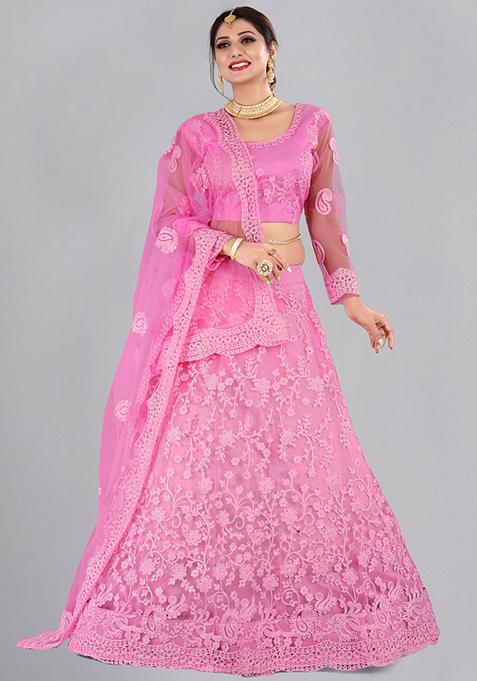 Baby Pink Embroidered Net Lehenga Set