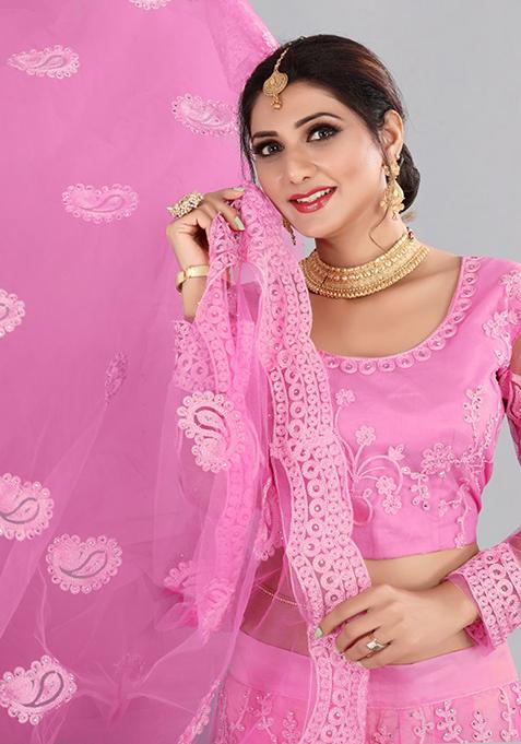 Baby Pink Embroidered Net Lehenga Set