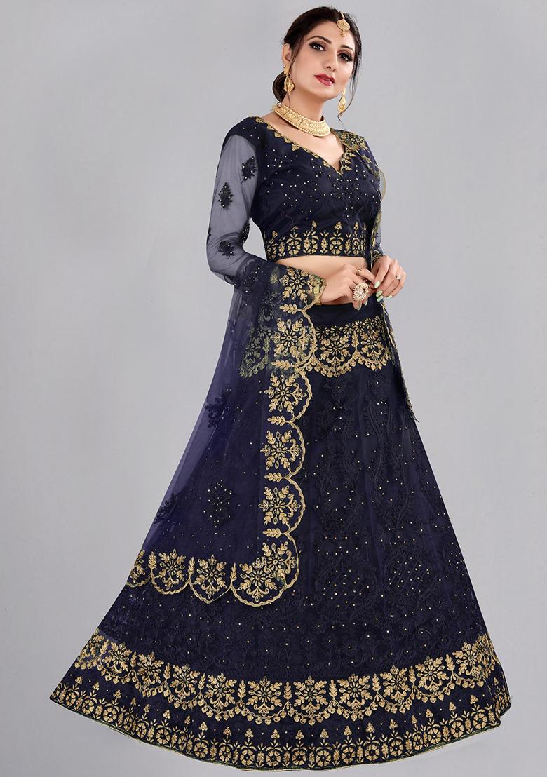 Blue Embroidered Net Lehenga Set - Indya