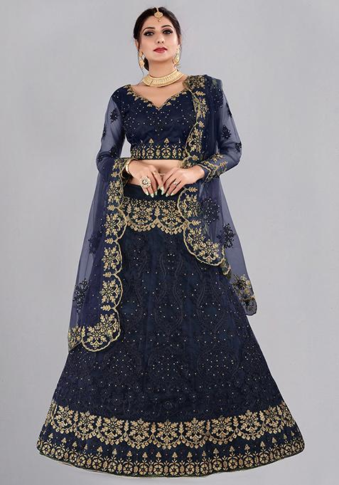 Blue Embroidered Net Lehenga Set