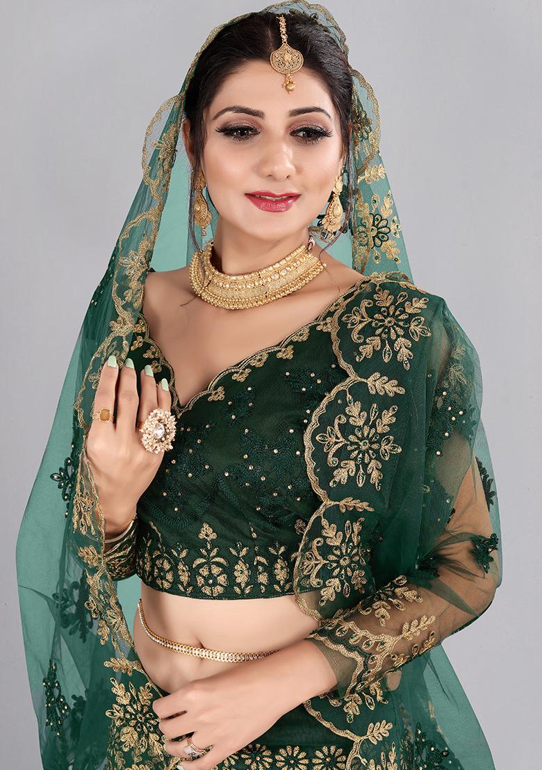 Green Embroidered Net Lehenga Set - Indya