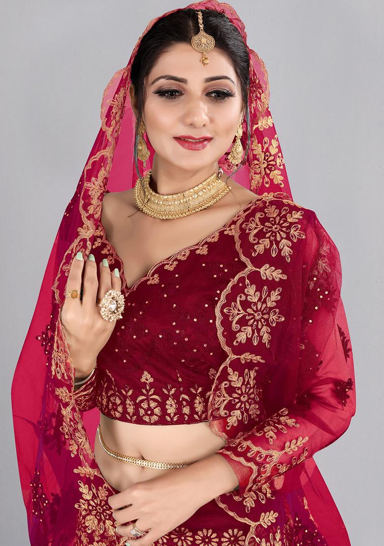 Maroon Embroidered Net Lehenga Set - Indya