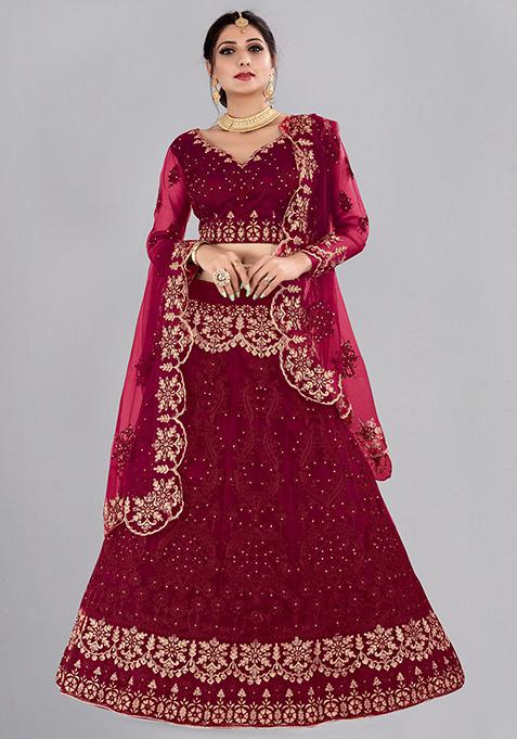 Maroon Embroidered Net Lehenga Set