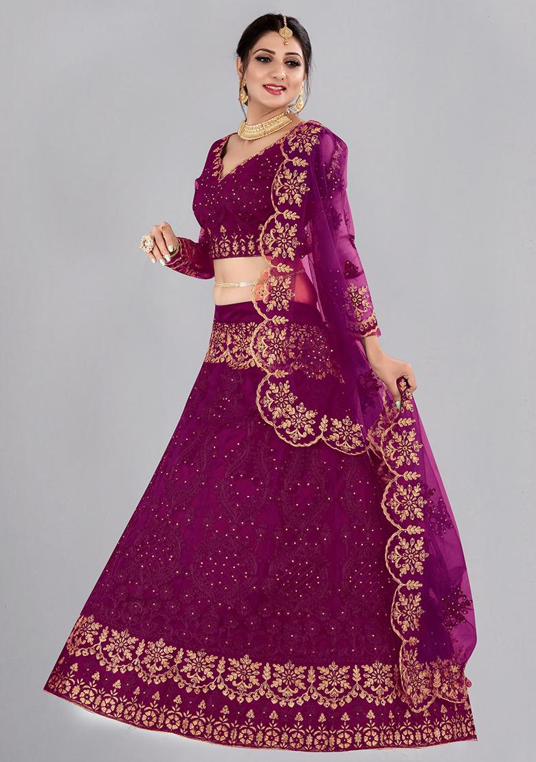 Purple Embroidered Net Lehenga Set