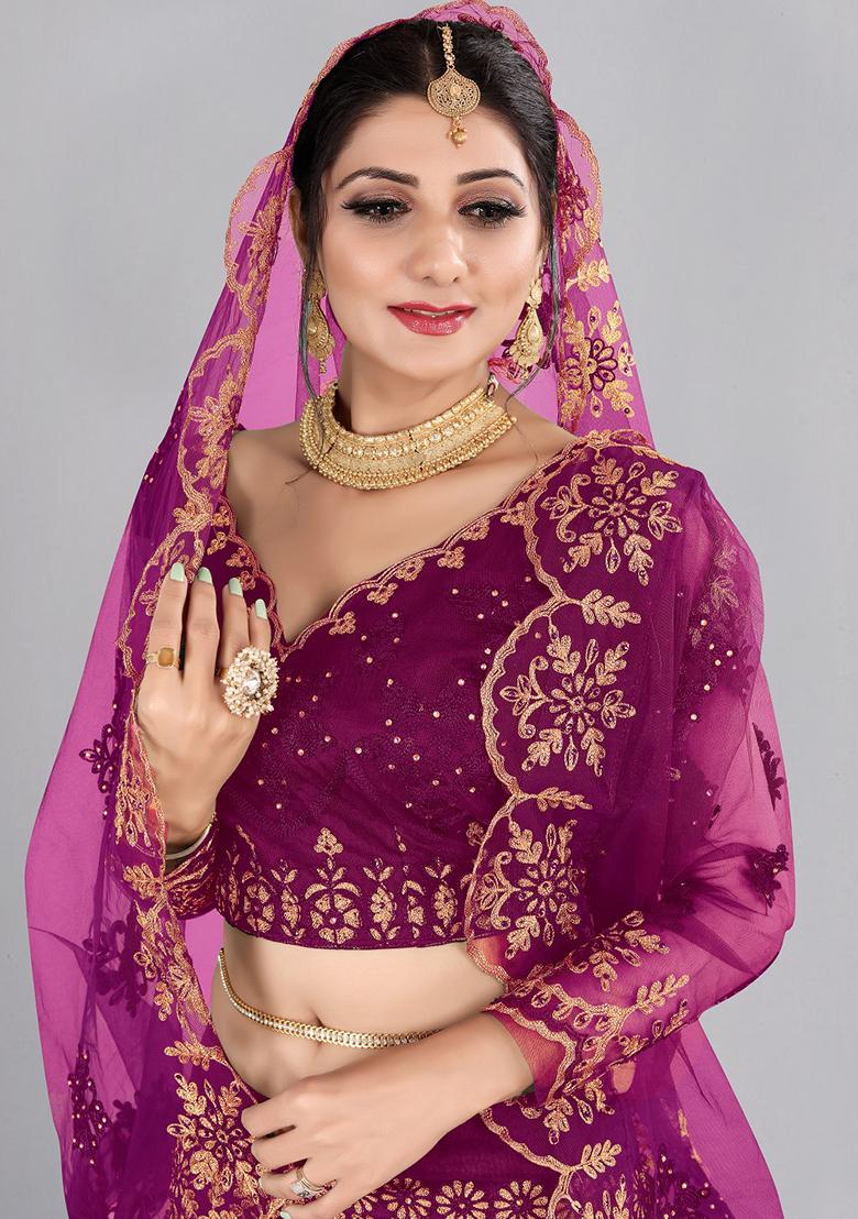 Purple Embroidered Net Lehenga Set