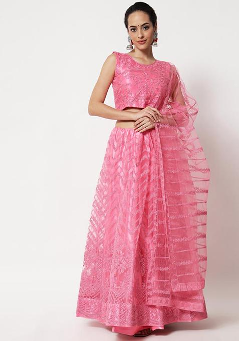 Pink Embroidered Net Lehenga Set