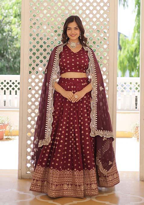 Wine Woven Jacquard Lehenga Set