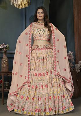 Peach Embroidered Georgette Lehenga Set