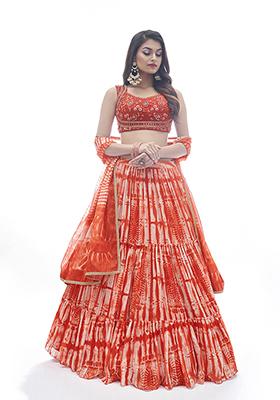 Orange Embroidered Silk Lehenga Set