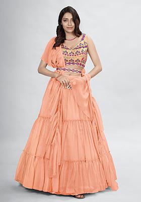 Peach Embroidered Poly Chiffon Lehenga Set