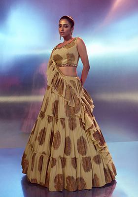 Beige Embroidered Poly Georgette Lehenga Set