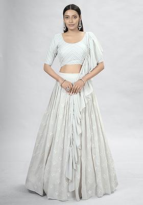 Off White Embroidered Georgette Lehenga Set