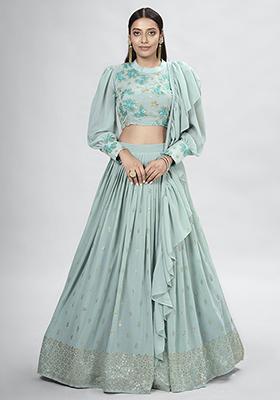 Sea Green Embroidered Georgette Lehenga Set