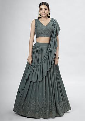 Dark Green Embroidered Georgette Lehenga Set