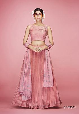 Peach Embroidered Art Silk Lehenga Set
