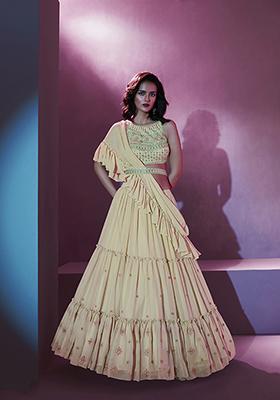 Cream Embroidered Georgette Lehenga Set