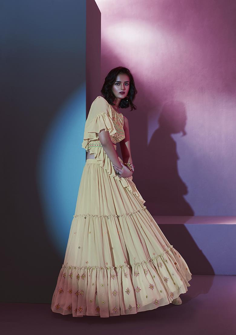 Cream Embroidered Georgette Lehenga Set