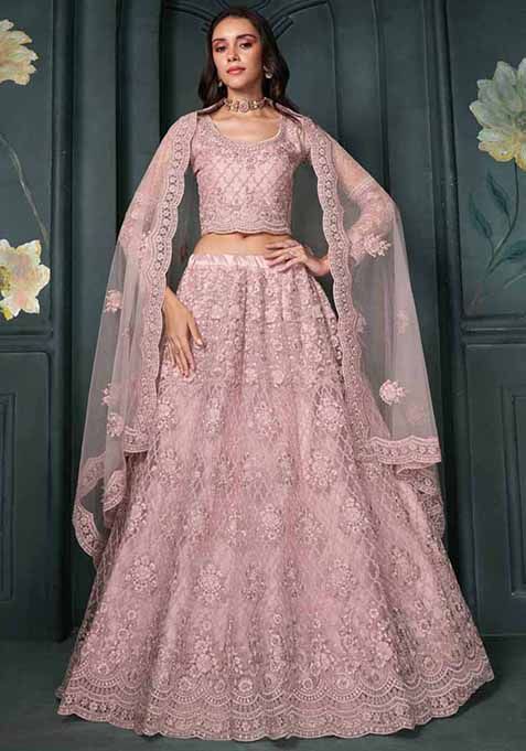 Pink Embroidered Net Lehenga Set