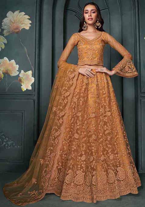 Orange Embroidered Net Lehenga Set