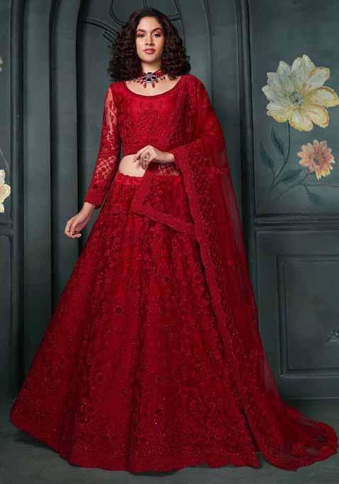 Red Embroidered Net Lehenga Set