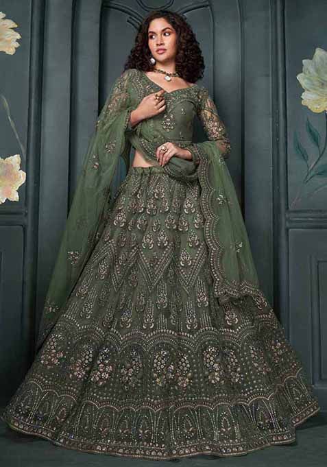 Mehendi Embroidered Net Lehenga Set