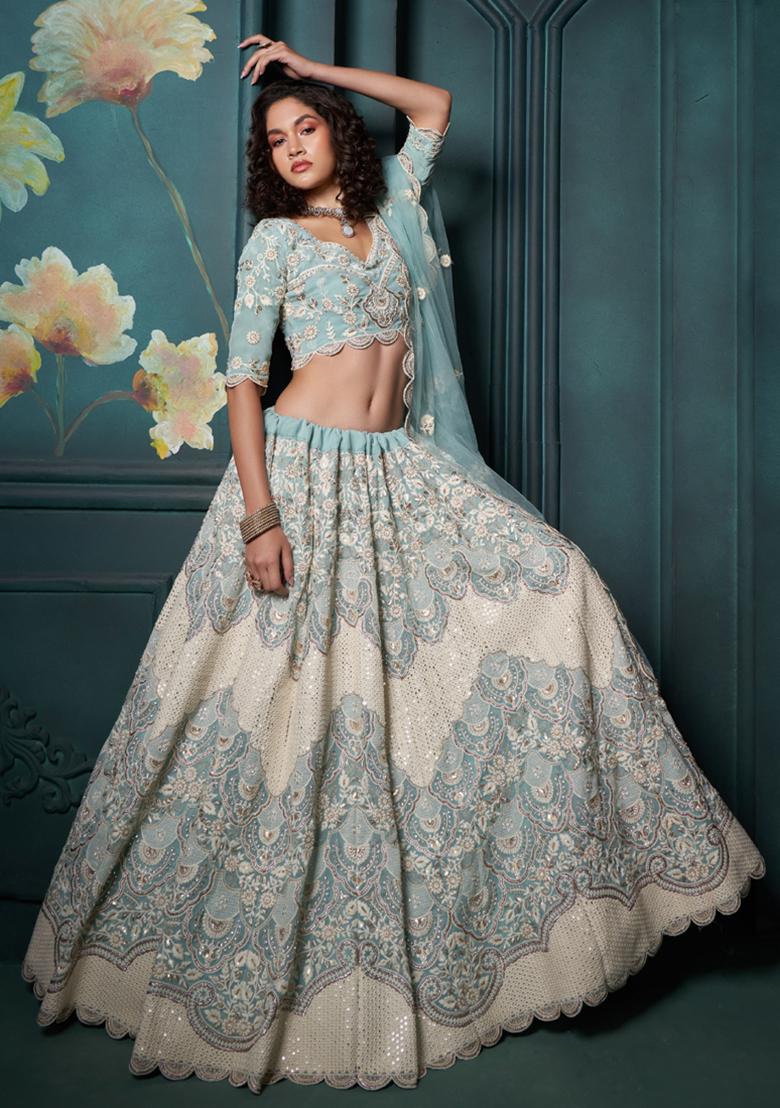 Sky Blue Embroidered Georgette Lehenga Set