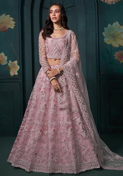 Pink Embroidered Net Lehenga Set