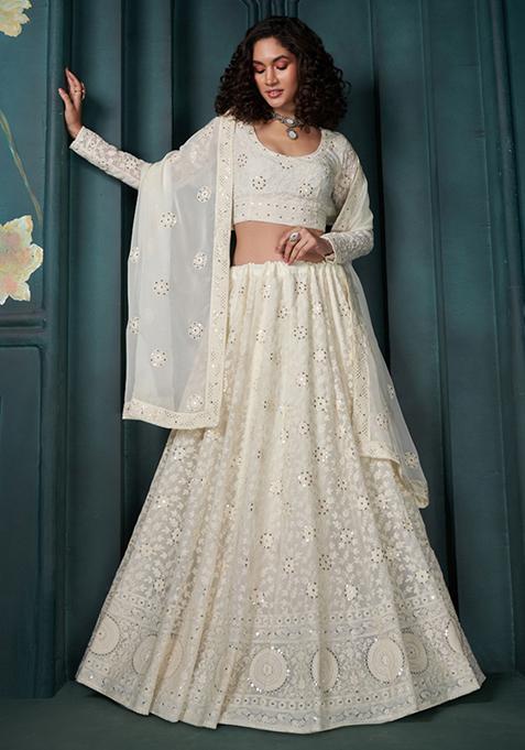 Off White Embroidered Georgette Lehenga Set