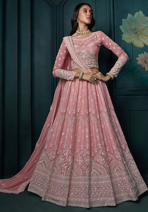 Pink Embroidered Georgette Lehenga Set