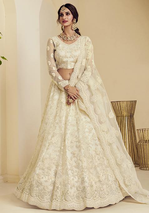 Off White Sequin Embroidered Net Lehenga Set